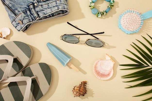 A flat lay of summer vacation essentials, including a stylish pair of sunglasses, a wide-brimmed straw hat, a chic silk scarf, and delicate gold jewelry, all arranged beautifully.