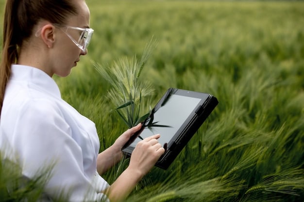 A designer looking at a tablet displaying complex data visualizations related to material sourcing and CO2 emissions, with a backdrop of a sustainable fabric sample.