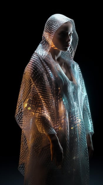 A sleek 3D rendering of a digital dress NFT, with intricate glowing patterns and text that says 