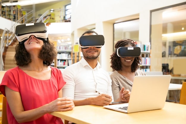 A diverse group of people engaging with interactive screens and virtual reality headsets in a brightly lit, modern retail space, illustrating innovative shopping experiences.
