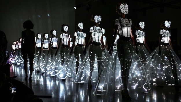 A fashion show runway with spotlights, featuring diverse models showcasing avant-garde designs, illustrating the aspiration and culmination of a designer's effort and success.