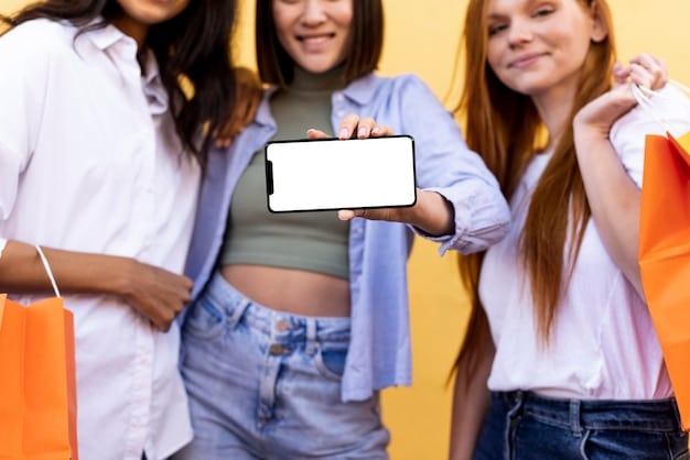 A Gen Z individual holding up a smartphone, showcasing a popular fashion trend on a social media app, with blurred, stylish people in the background.