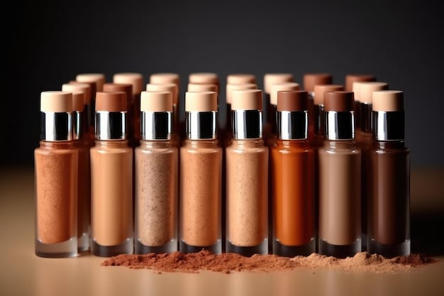 A selection of different foundation types (liquid, cream, powder) displayed with labels indicating their intended skin type (oily, dry, combination). The foundations are arranged neatly, showcasing their textures and consistencies.