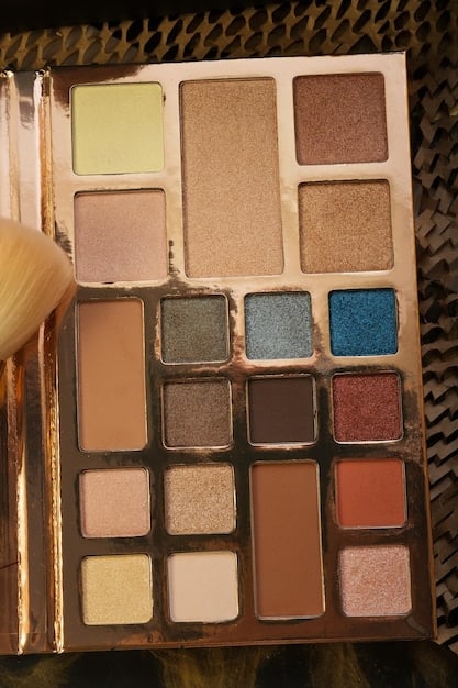 A well-organized eyeshadow palette with various colors, ranging from neutral browns and champagnes to bolder blues and purples. The palette is clean and visually appealing, showcasing a range of options for Mastering the Art of Eyeshadow Blending: Techniques for a Seamless Look in Under 15 Minutes and creating different eye looks.