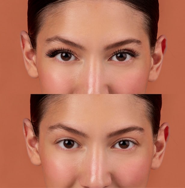 A before-and-after image of a woman's eyebrows. The 'before' image shows untamed and sparse eyebrows, while the 'after' image showcases perfectly shaped and defined eyebrows with a natural arch. The skin around the eyebrows in the 'after' image is clean and free of redness, suggesting a gentle tweezing technique.