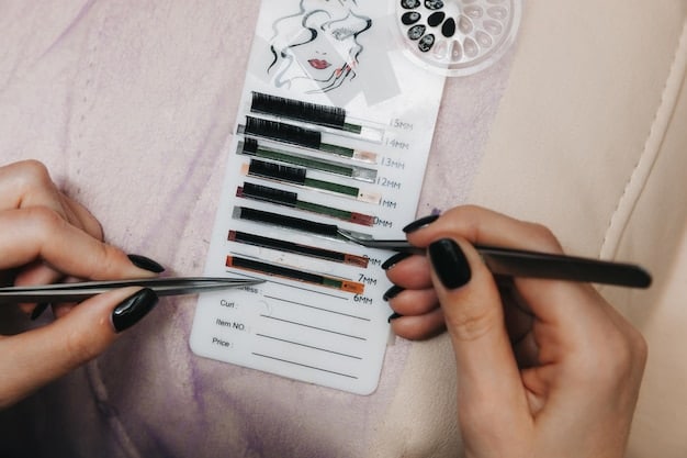 Step-by-step visuals demonstrating the application process - measuring and trimming the lash strip, applying adhesive, waiting for the glue to become tacky, and precise placement along the lash line. Each step should have a clear and concise caption. The setting must convey false eyelash application: a beginner's guide to natural-looking lashes.