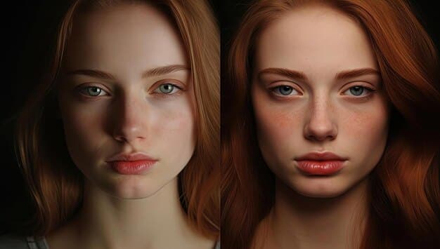 A split-screen before-and-after image showing a woman's face. One side displays the face with redness and dark circles, while the other side showcases the same face after applying color correctors and foundation, resulting in a flawless, even-toned complexion, exemplifying Color Correcting for Flawless Skin: A Guide to Neutralizing Imperfections.