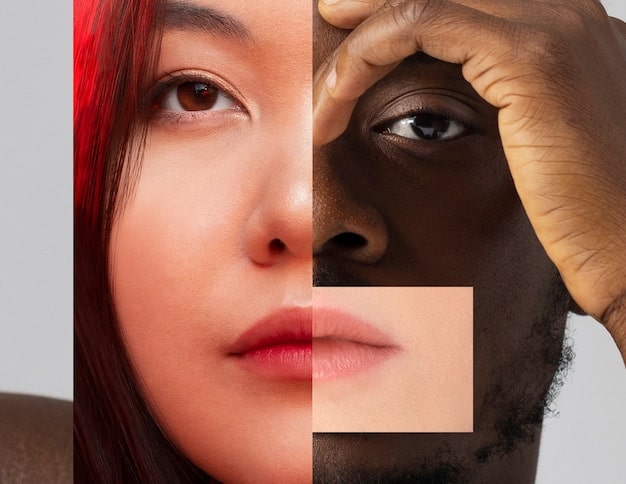 A split photo showing a woman with foundation that is too warm on one side of her face, and foundation that matches her undertone perfectly on the other side. The contrast vividly illustrates the importance of understanding undertones when choosing a foundation. Understanding Undertones: Choosing the Right Foundation for Your Skin is visually emphasized through this before-and-after comparison.