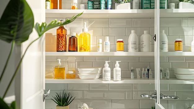 A well-organized skincare shelf featuring hydrating serums, moisturizers, and facial mists. The products are neatly arranged, highlighting a focus on hydration for dewy skin. Dewy Skin Secrets: Achieving a Hydrated and Radiant Complexion in 2025 should be implicit in the picture.