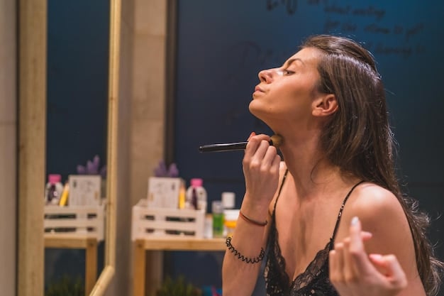A makeup artist applying highlighter to a model's cheekbone, showcasing the strategic placement for achieving a dewy glow. The focus is on the subtle shimmer and how it enhances the skin's natural radiance. Dewy Skin Secrets: Achieving a Hydrated and Radiant Complexion in 2025 should be subtly implied.