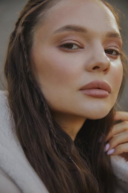 A model with a radiant, dewy skin look. She's wearing minimal makeup, with a focus on hydrated, glowing skin. Her complexion looks healthy and fresh, enhanced with a touch of highlighter on the cheekbones and a light lip gloss. This image embodies the dewy skin trend, highlighting its natural, luminous, and effortless appeal within the broader context of The Latest Makeup Trends for 2025: A Guide to Staying on Top of the Game.