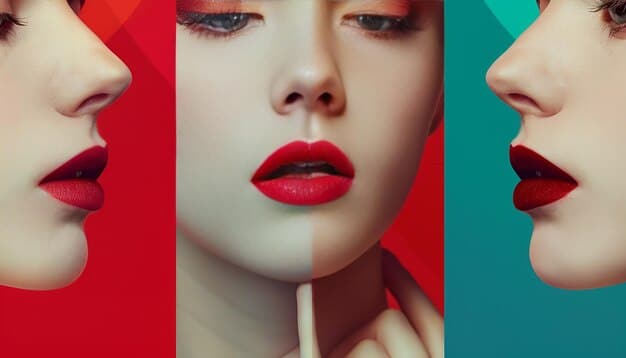 A split image showcasing two lip trends for 2025. On one side, a woman is wearing a glossy, sheer lip gloss that enhances her natural lip color, giving a hydrated and luminous appearance. On the other side, a woman is wearing a bold, matte red lipstick that is highly pigmented and makes a statement. This visual representation captures the contrasting yet equally trendy lip makeup looks that define The Latest Makeup Trends for 2025: A Guide to Staying on Top of the Game.