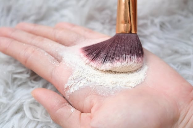 A close-up showing a makeup artist gently dusting off excess translucent baking powder from under a model's eyes with a soft powder brush, revealing a smooth, creaseless finish.