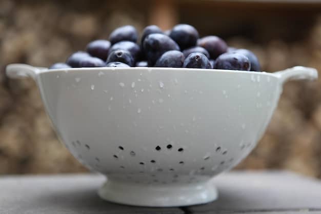 A close-up shot of fresh, plump blueberries overflowing from a small ceramic bowl. The blueberries are covered in a light dusting of frost, indicating their freshness. Sunlight streams through the leaves of a nearby plant, highlighting the vibrant blue and green hues of the scene. The image evokes feelings of natural goodness and the potential benefits of including blueberries in a diet to Boost Your Brainpower: 5 Foods Proven to Sharpen Focus in 30 Days.