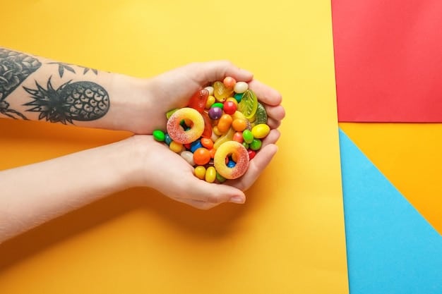 A close-up shot of a person reaching for a sugary snack (like a candy bar or cookies) with a conflicted expression, contrasted with a background showing healthy food options like fruits and vegetables. This visually represents the internal struggle of dealing with sugar cravings, which is related to Cut Sugar Cravings by 25% with This Simple 7-Day Meal Plan.