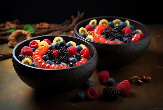 A visually appealing arrangement of healthy snack options like a bowl of mixed berries, a handful of almonds, vegetable sticks with hummus, and a cup of Greek yogurt, all set against a clean, bright background. This illustrates the variety of satisfying and healthy snacks available to help cut sugar cravings.