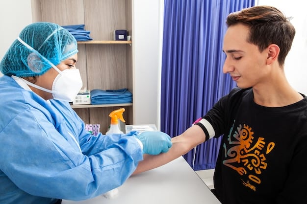 A blood test being administered by a healthcare professional. The professional is wearing gloves and carefully drawing blood from the patient's arm. The background is a clean, clinical setting. The image illustrates the importance of regular medical check-ups, including Vitamin D level testing, to accurately assess, Are You Getting Enough Vitamin D? New US Guidelines for 2025