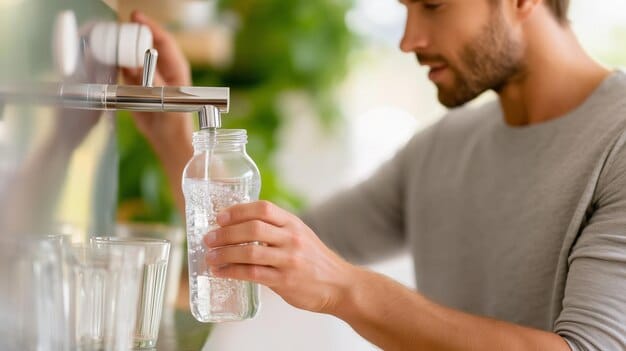 A person filling a glass of water from a reusable water bottle. The background includes a blurred image of a desk and computer, suggesting a work environment. The focus is on the act of hydrating and the importance of staying hydrated throughout the day, revealing The Truth About the importance of hydration..