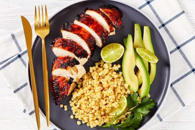 A close-up shot of a colorful plate featuring grilled chicken breast, quinoa, and a variety of fresh vegetables, visually emphasizing the importance of balanced protein intake for boosting metabolism in the context of 'Unlock Your Metabolism: 3 Science-Backed Strategies for 15% Faster Fat Burn'.