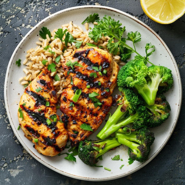 A visually appealing photograph showcasing a post-workout meal consisting of grilled chicken breast, brown rice, and steamed broccoli, arranged on a plate with good presentation.