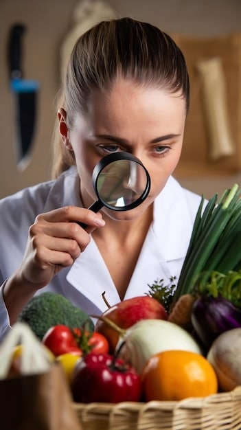 A person holding a magnifying glass up to a food label, focusing on the section that lists saturated fat and trans fat content. The background shows various packaged foods on a supermarket shelf. The text 