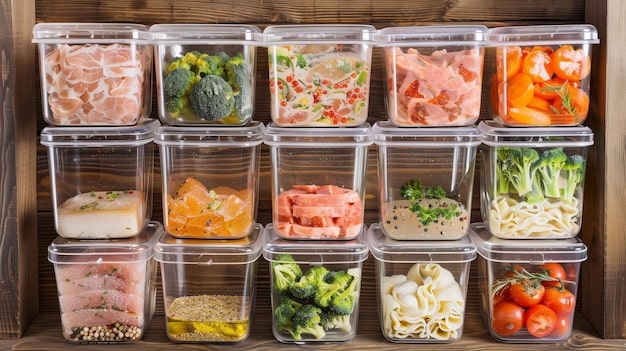 A well-organized refrigerator filled with various meal prep containers, showing a variety of complete meals and portioned ingredients. The containers are clearly labeled, and the fridge is clean and orderly, demonstrating 'Master Meal Prep: Save Time and Eat Healthy All Week Long' effectively.