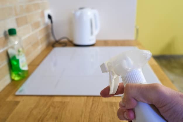 A person cleaning a kitchen countertop with a spray bottle and cloth. The countertop is made of granite and is clean and shiny. The Spring Cleaning Checklist: 10 Eco-Friendly Products to Declutter and Refresh Your Home for 2025 is about to get this kitchen cleaned up.