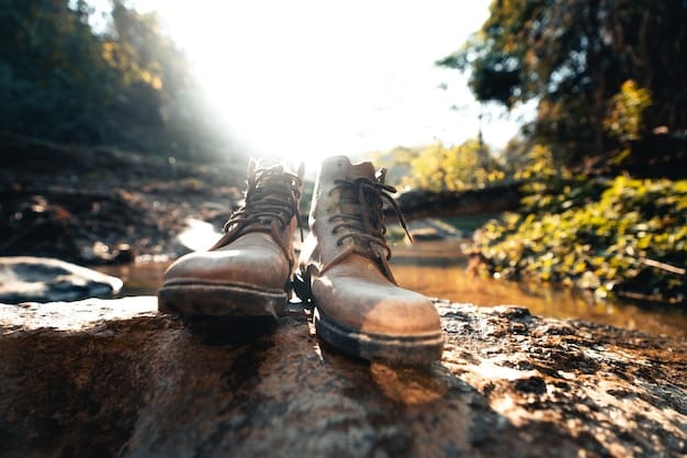 A close-up shot of hiking boots on a rocky trail, with sunlight filtering through the trees. Focus on the texture of the rocks and the ruggedness of the terrain, emphasizing the physical challenge and natural beauty of hiking as part of Summer Fitness Trends: 5 Outdoor Activities to Stay Active and Burn 300 Calories Per Session in 2025.