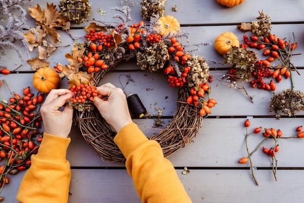 A close-up shot of hands crafting a fall-themed wreath made of colorful leaves and twigs. The background is a rustic wooden table with various crafting supplies scattered around. The image conveys a sense of creativity and DIY, emphasizing the homemade aspect of fall decor and showcasing Fall Home Decor: Transform Your Living Space with 8 Cozy and Budget-Friendly Seasonal Updates.