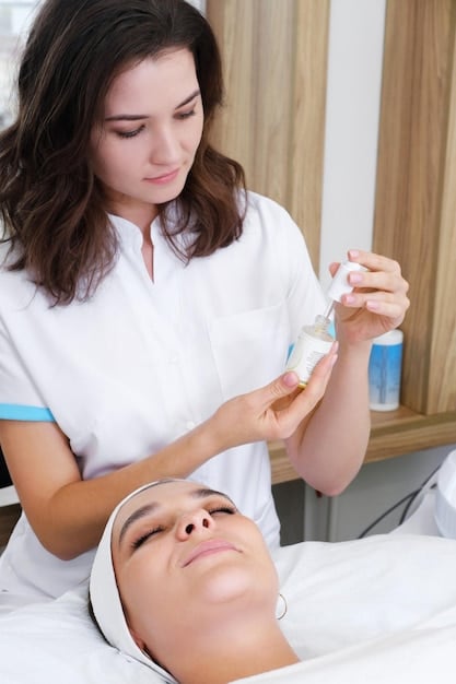 A dermatologist applying hydrating serum to a patient's face in a well-lit clinic, demonstrating the importance of professional skincare advice during winter months. Focus on the serum bottle and the dermatologist's gloved hands. Serum contains key ingredients in the Winter Skincare Routine: Combat Dryness and Achieve Glowing Skin with These 6 Hydrating Products in 2025.