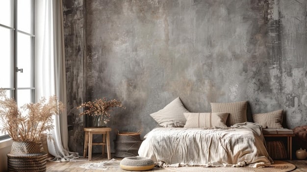 A cozy bedroom featuring walls painted in a gentle, warm grey. Soft lighting and plush bedding create a tranquil and inviting atmosphere, embodying the essence of Winter Home Decor: Create a Cozy and Inviting Atmosphere with These 7 Festive Touches for 2025.