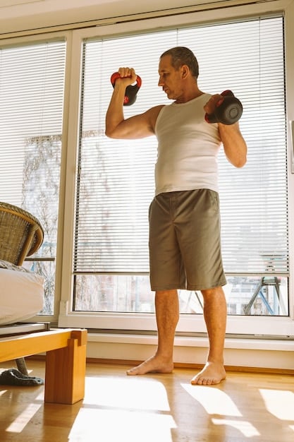 A person doing a dumbbell overhead press in a home gym, focusing on proper form and muscle engagement.