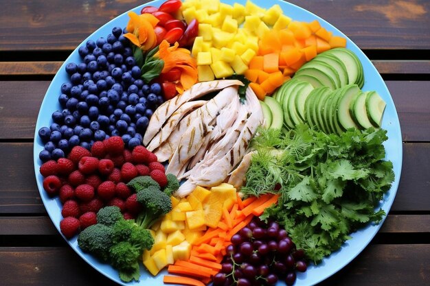 A close-up shot of a colorful plate filled with various fruits, vegetables, and lean protein sources. The composition emphasizes the diversity of nutrients needed for winter nutrition, including vibrant citrus fruits, dark leafy greens, and nuts.