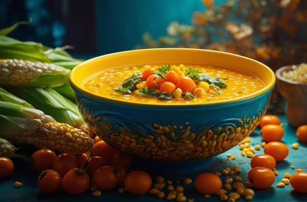 A vibrant image of a bowl of lentil soup, showcasing the rich colors and textures of the lentils, vegetables, and herbs. Steam rises from the soup, conveying warmth and comfort, with a spoon resting inside, ready to serve.