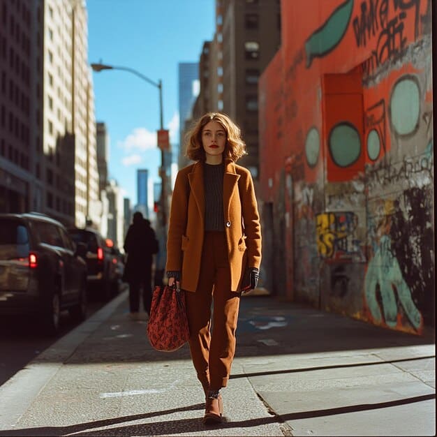 A street-style shot of a person walking down a city street, confidently wearing a stylish ensemble of gender-neutral clothing. The outfit includes a blazer, wide-leg trousers, and sneakers, all in neutral tones.