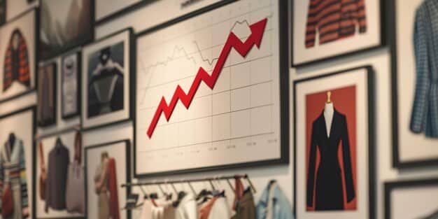 A graph showing the sales decline of fast fashion brands over the past five years, contrasted with the growth of sustainable fashion brands. The x-axis is labeled with years (2020-2025), and the y-axis represents sales volume.