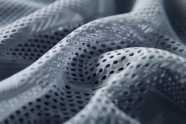 A close-up shot of a high-tech athleisure fabric with embedded sensors and moisture-wicking properties. The fabric is sleek and futuristic, showcasing the technological innovations driving the evolution of athleisure: from gym to street style in 2025.