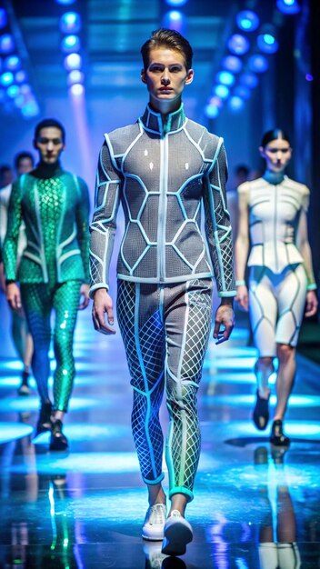 A mannequin dressed in a futuristic outfit featuring a pixelated print jacket, geometric-patterned leggings, and accessories with digital-inspired designs. The outfit embodies the trend of blending fashion with technology.