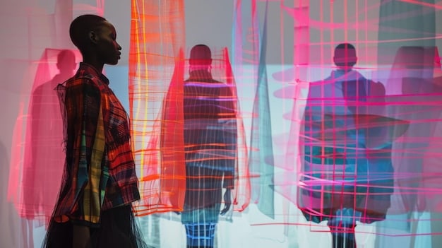 An AI interface displaying fashion design patterns and color palettes, with algorithms suggesting modifications and improvements. The scene signifies the role of AI in enhancing creativity and efficiency in the design process within Fashion Tech: How 3D Printing and AI are Revolutionizing the Industry.