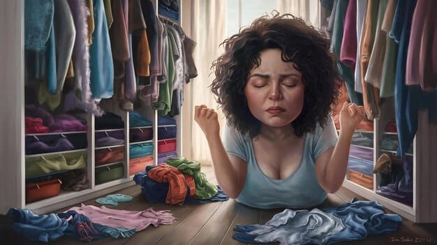 A woman thoughtfully examining her clothes in her closet, sorting them into piles for keeping, donating, and tailoring. She is surrounded by a curated selection of items that reflect her personal style and lifestyle, demonstrating The Power of Personal Styling: How to Find Your Signature Look in 2025.