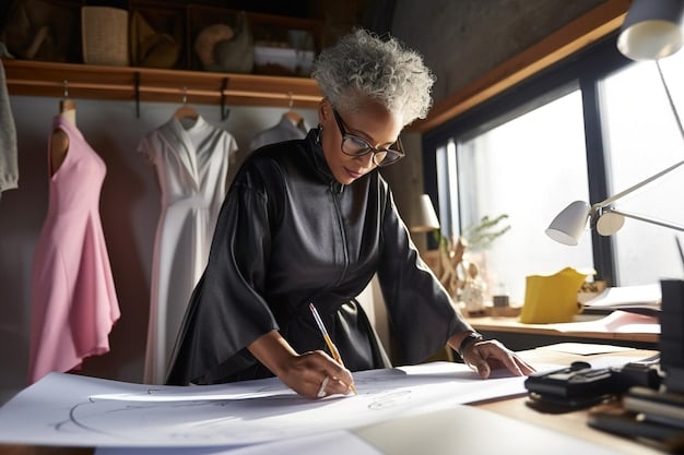 A close-up shot of a plus-size fashion designer sketching a new dress design in her studio. She is surrounded by fabric swatches, measuring tapes, and design drafts. This illustrates the growing focus on plus-size designs in Fashion News: The Latest on Plus-Size Fashion and Body Positivity.