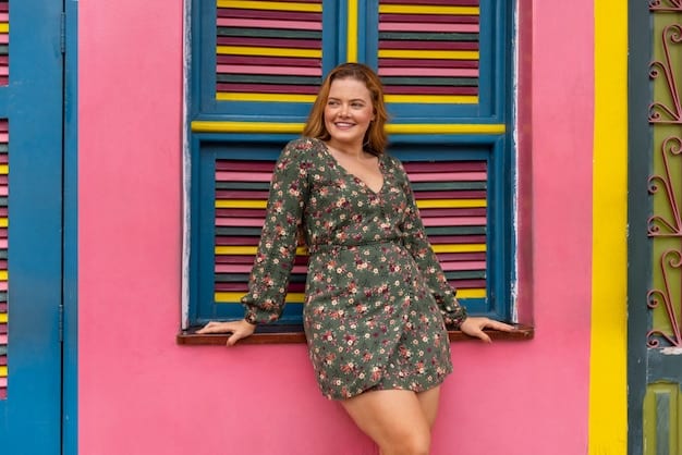 A plus-size model wearing a colorful floral print wrap dress, smiling confidently. The background is a bright and sunny outdoor setting highlighting current trends in Fashion News: The Latest on Plus-Size Fashion and Body Positivity