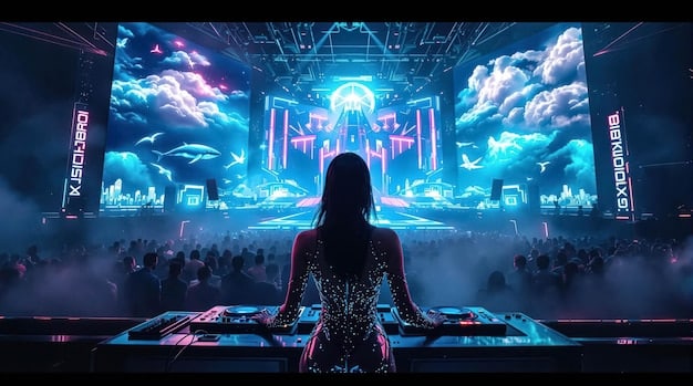 A digitally rendered image of a virtual concert featuring an artist performing as a futuristic avatar. The stage is filled with holographic projections and the avatar is wearing a glowing, avant-garde outfit, showcasing Digital Fashion. The Influence of Music on Fashion is depicted through the integration of music and visual elements in a virtual environment.