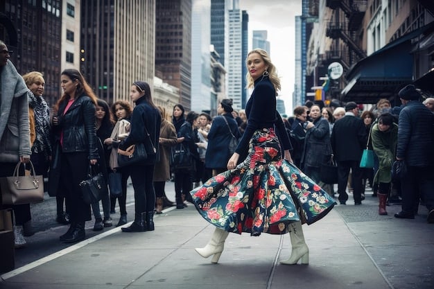 A bustling street style scene outside a NYFW venue, capturing diverse attendees in fashionable outfits, reflecting the influence of fashion week beyond the runway.