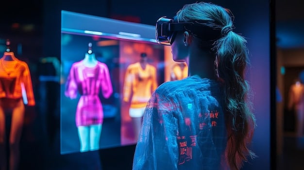 A fashion show audience immersed in a virtual reality experience, wearing VR headsets while watching a digital fashion presentation on a large screen, highlighting the future of interactive shows.