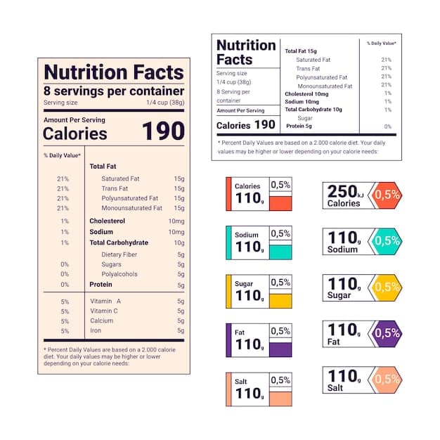 A close-up shot of a nutrition facts label with vibrant colors, highlighting specific sections like 