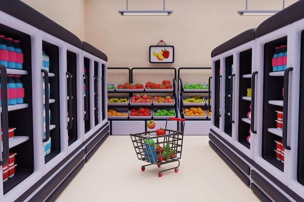 A futuristic grocery store aisle with transparent digital screens integrated into shelves, displaying interactive food labels with QR codes and detailed nutritional information. Shoppers are shown scanning products with their smartphones.