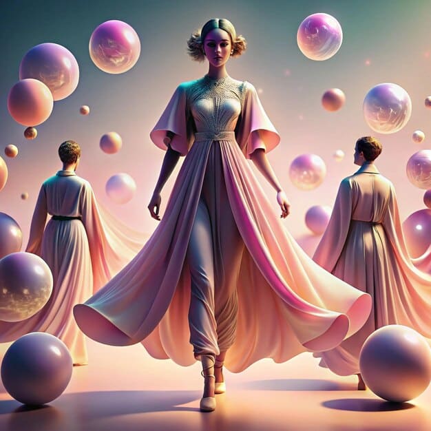 A fashion illustration showcasing whimsical dress with surreal elements, such as oversized buttons or a pattern that creates an optical illusion, reflecting playful imagination.