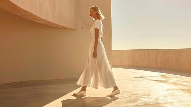A solo model confidently walks wearing a long, flowing cream-colored minimalist dress with clean lines, accentuating natural elegance, against a stark, modern backdrop.