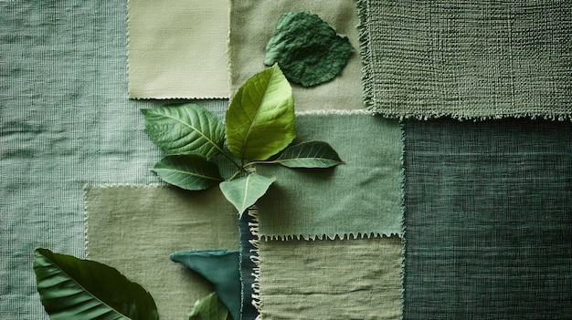 A detailed flat lay of various sustainable fabric swatches in different textures and colors, including organic cotton, hemp, Tencel, and recycled polyester, arranged artistically to highlight diversity.